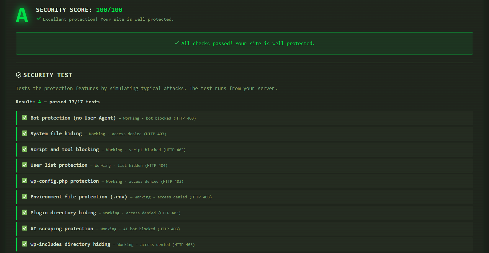 Security score assessment with fix recommendations