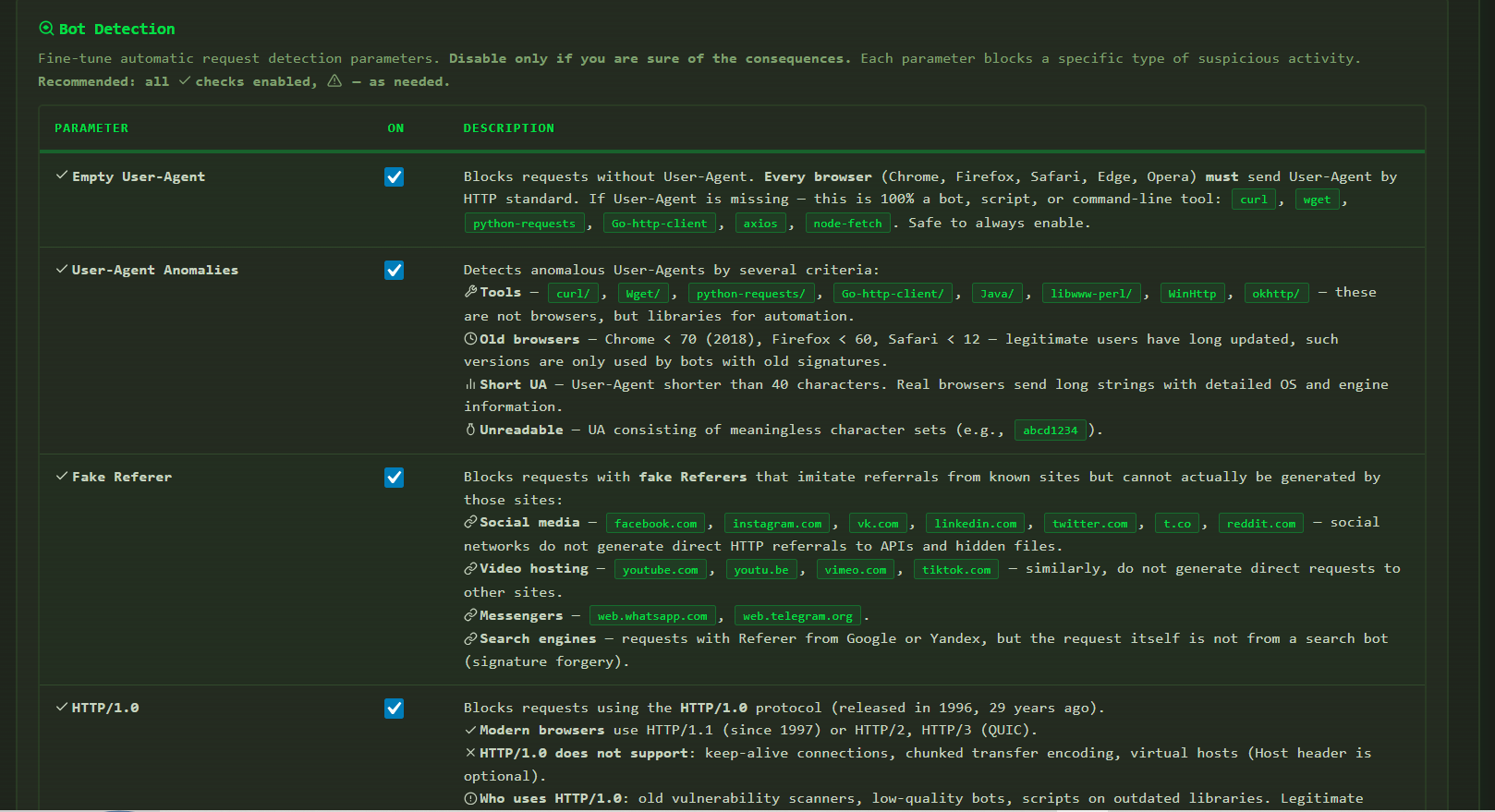 Security settings with 11 bot detection options
