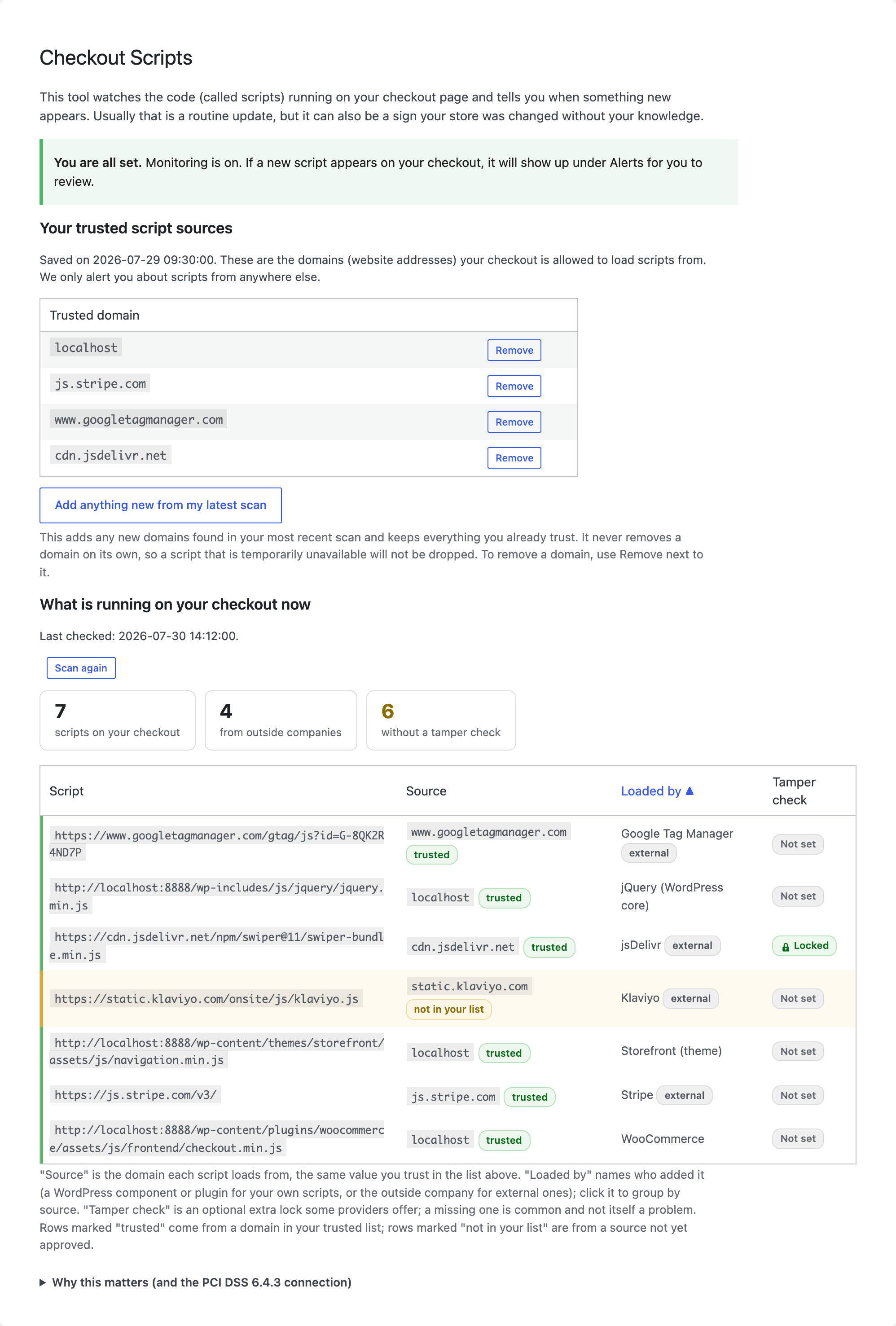 Checkout Scripts: an at-a-glance count of the scripts on your checkout, then every script with its source domain, who loaded it (WordPress core, a plugin or theme, or an outside vendor), and its tamper-check (SRI) status; rows are shaded by trust once you set a trusted list.
