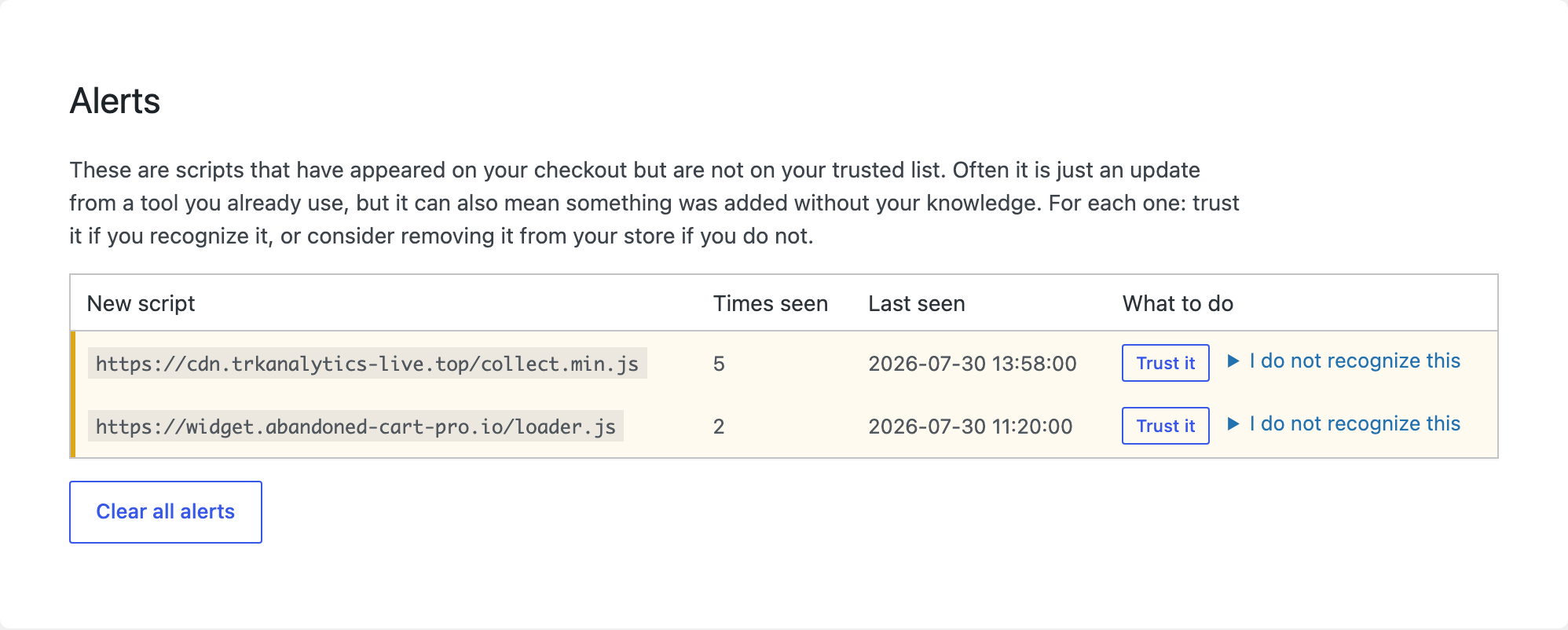 Alerts: a new or changed script that is not on your trusted list, with times seen, last seen, and a one-click "Trust it".