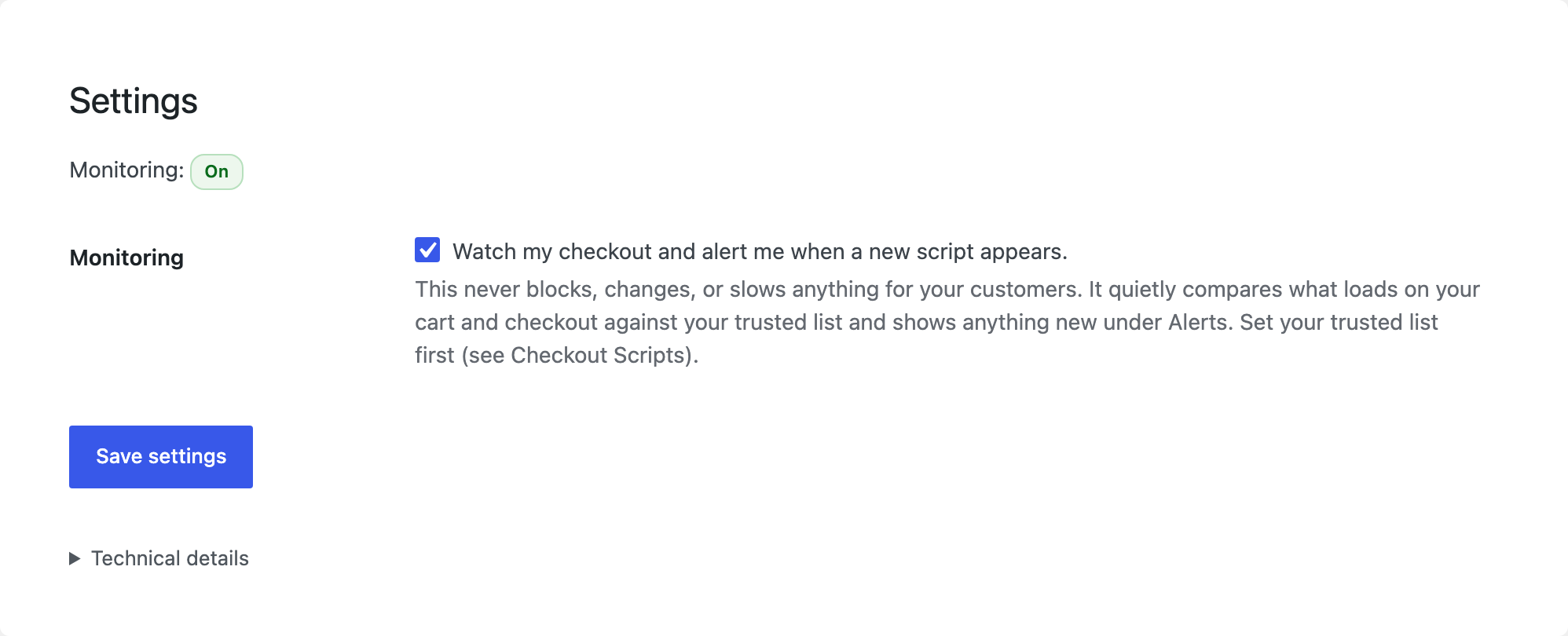 Settings: the monitoring toggle (Content-Security-Policy-Report-Only) and the technical details of how it works.