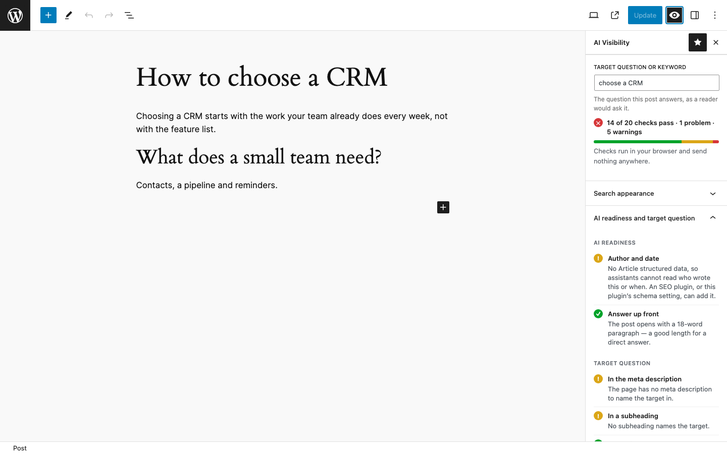 Live AI-readiness and target-question checks in the block editor sidebar.
