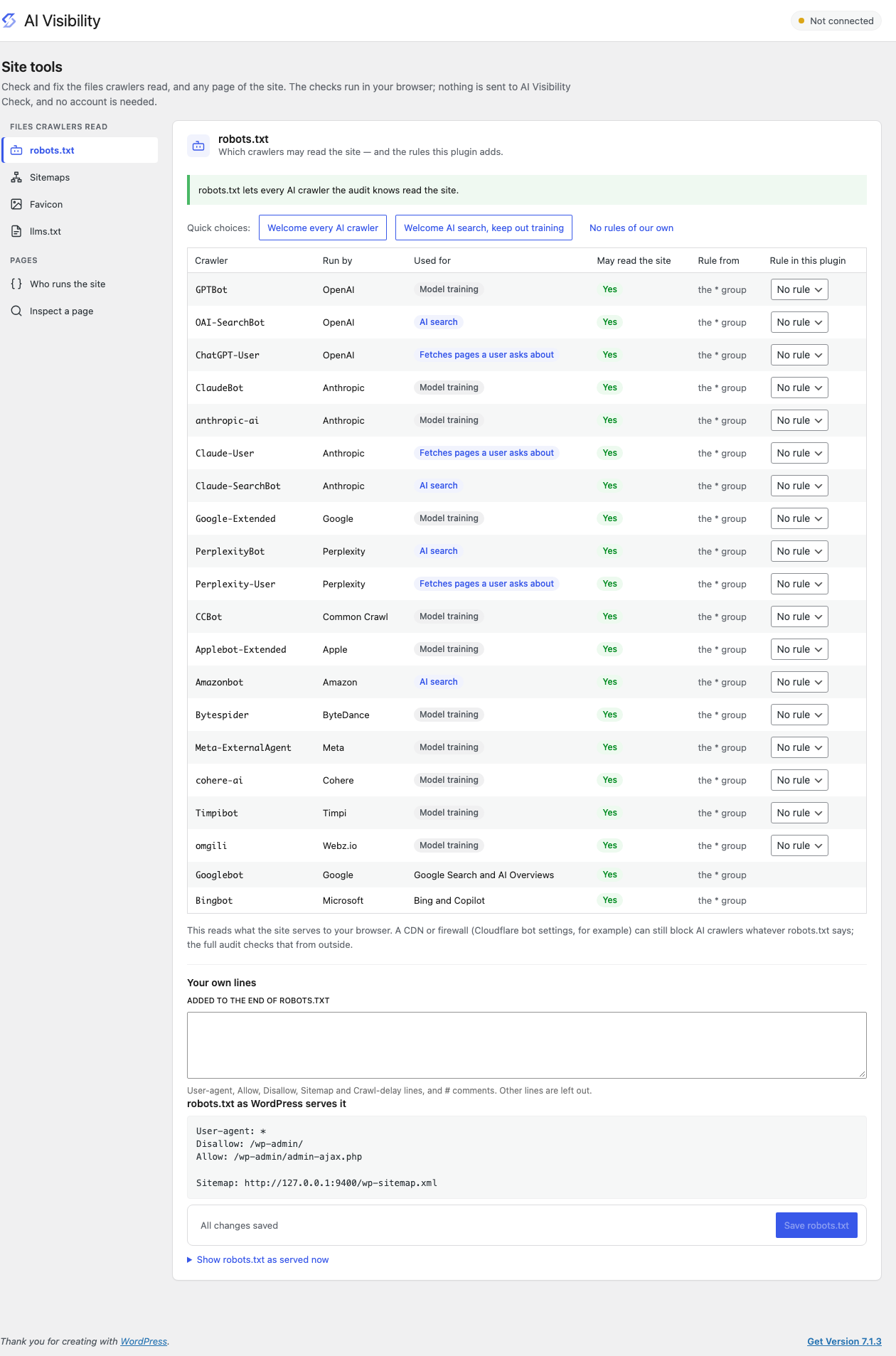 Site tools: what robots.txt tells each AI crawler, and the rules to change it.