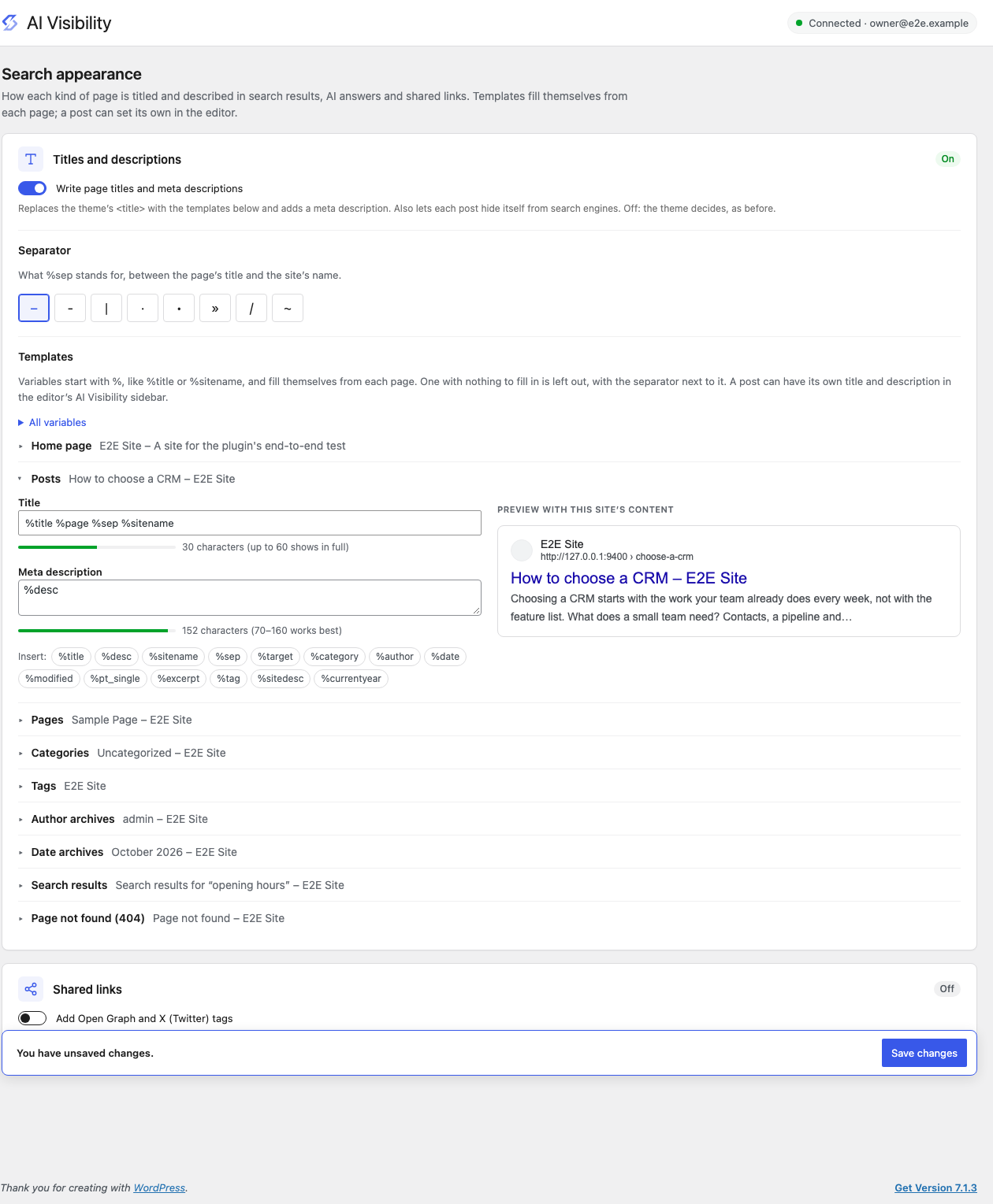 Search appearance: title and description templates with variables and a live preview.