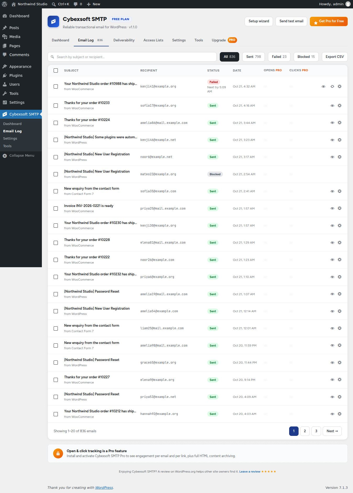 The email log: every message with the plugin or theme that sent it, its recipient, status and date, searchable and filterable, with CSV export. A failed message waiting in the retry queue says when it will be tried next, with a button to try it now.
