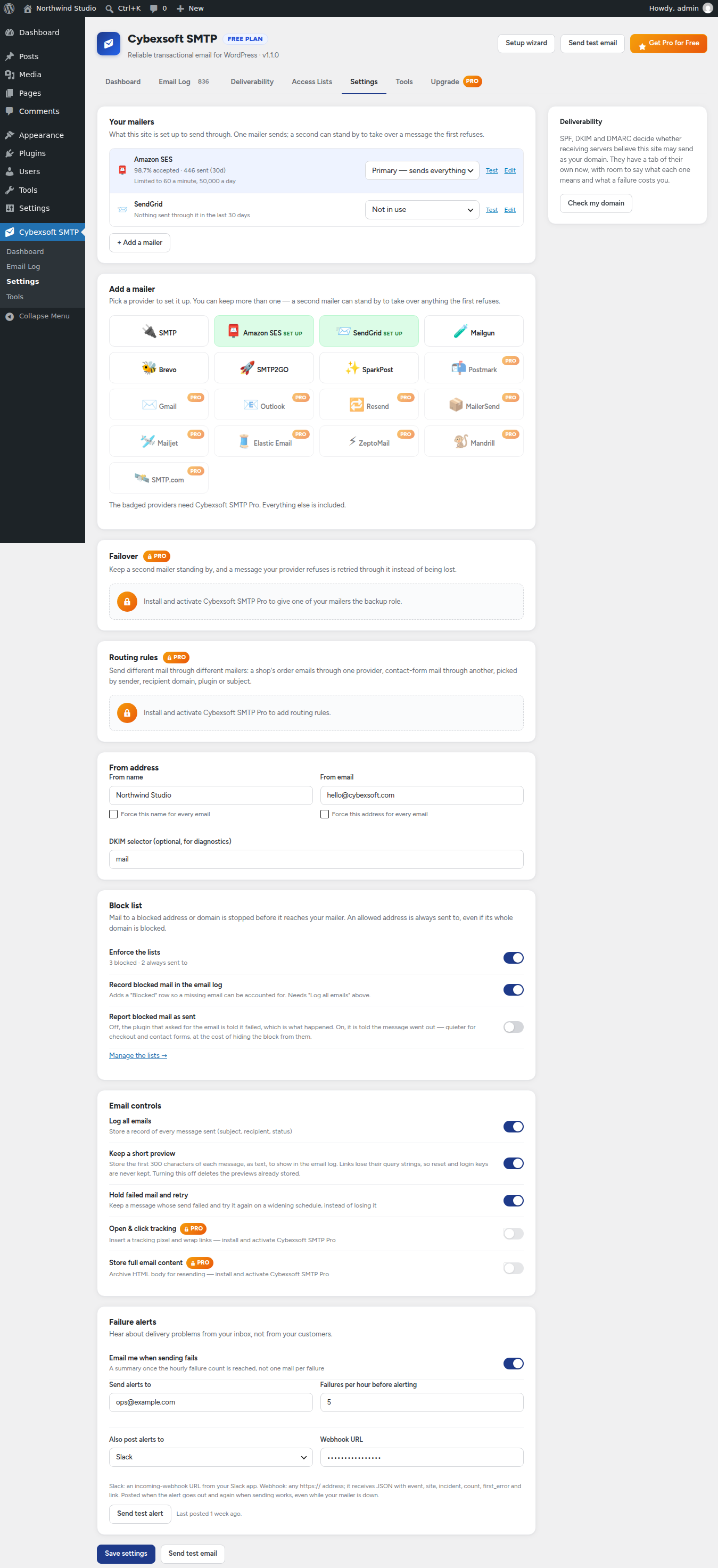 Settings: your mailers and the role each one holds, with sending limits; the catalogue of providers; From address controls; the block list, email controls including the short log preview, and failure alerts posted to Slack or a webhook as well as by email.