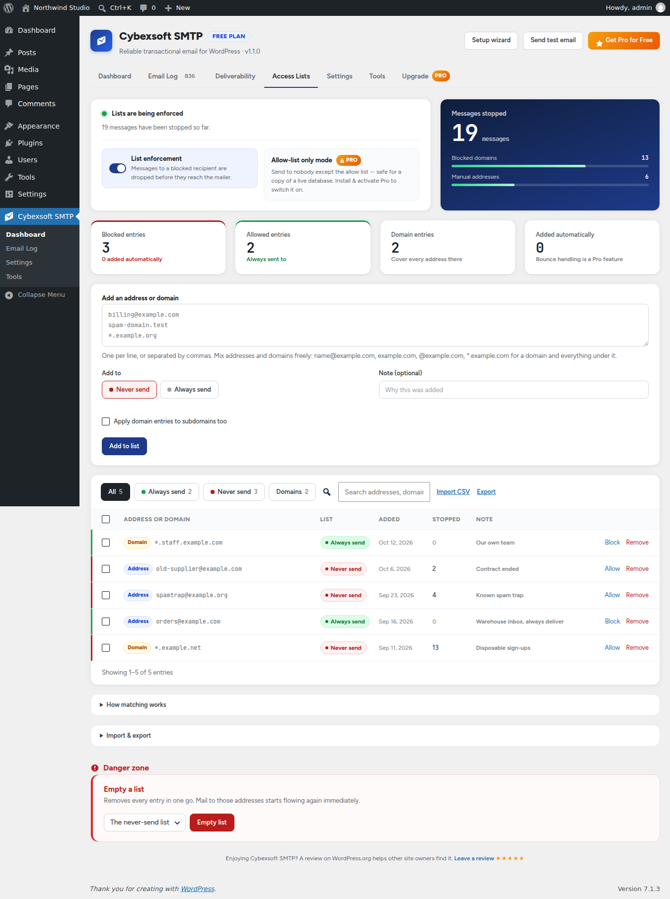 Access lists: never send to an address or domain, or always send to it, with counts of what each rule has stopped.