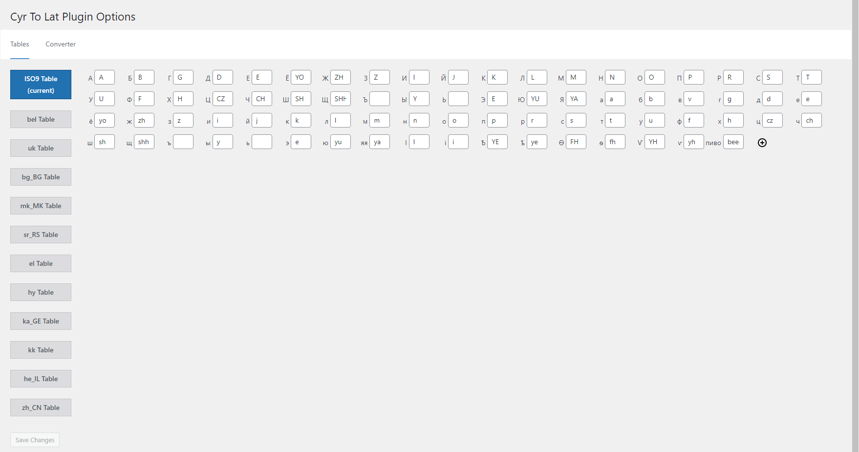 Tables settings page