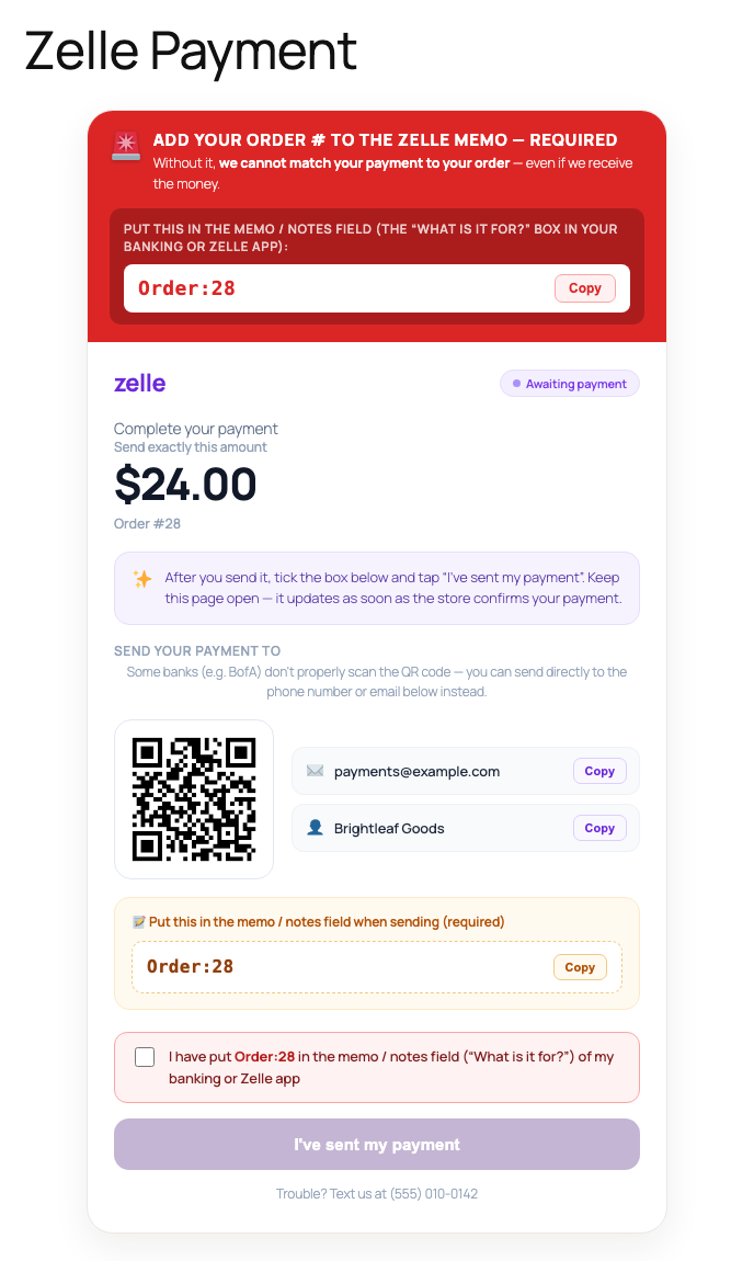 Branded Zelle pay page with QR code and order memo.
