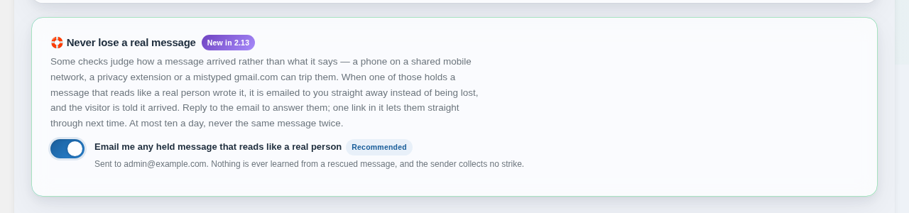 Never lose a real message: anything held that reads like a real person is emailed to you instead of being lost.