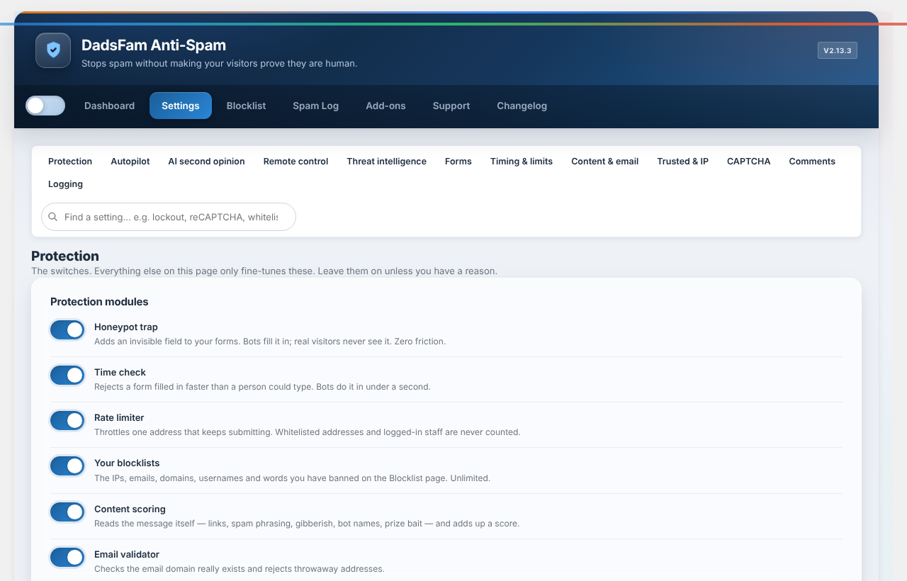Settings, with a section finder, search and recommended values.