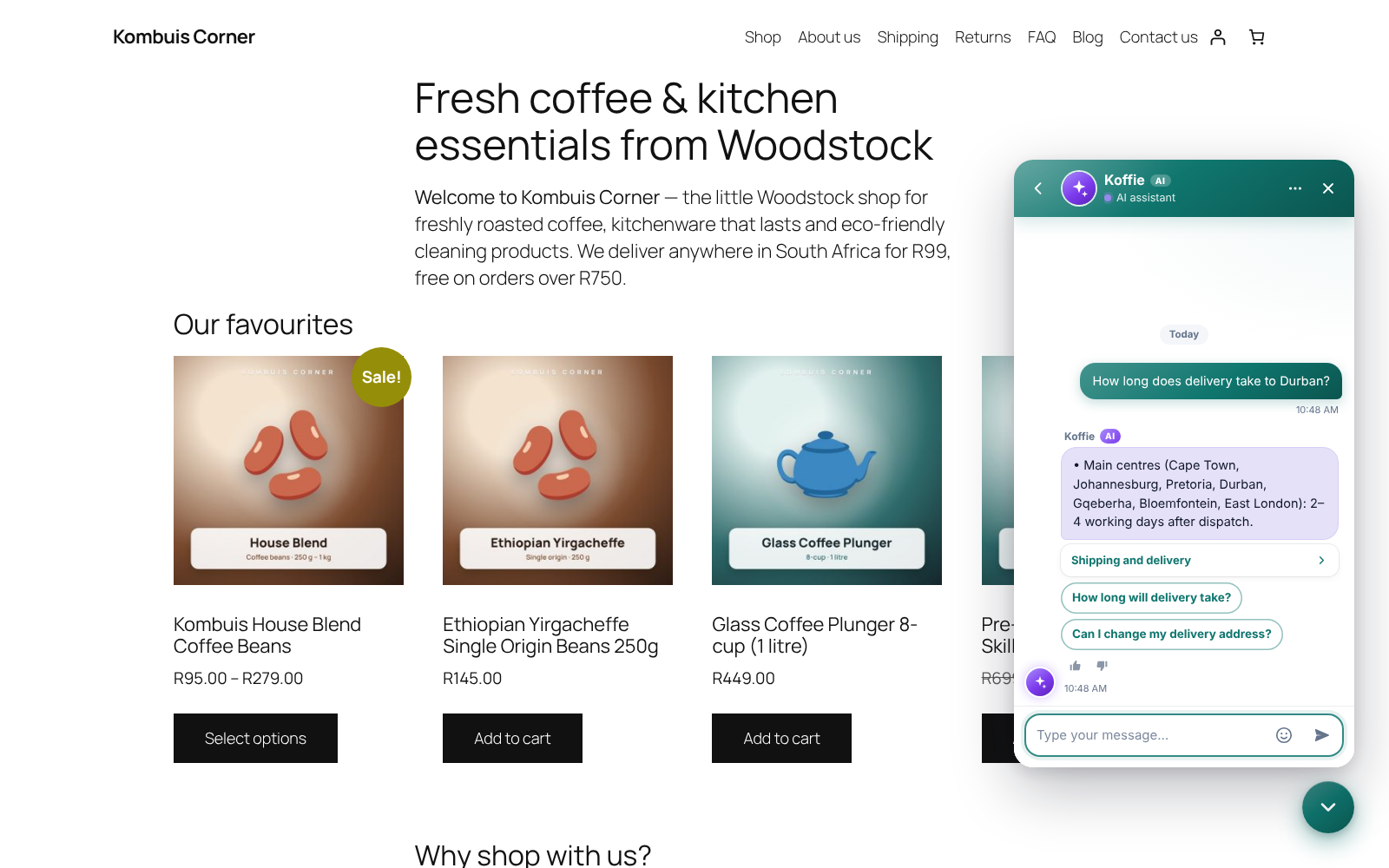 The chat window on your site, with the AI assistant answering from your own pages.