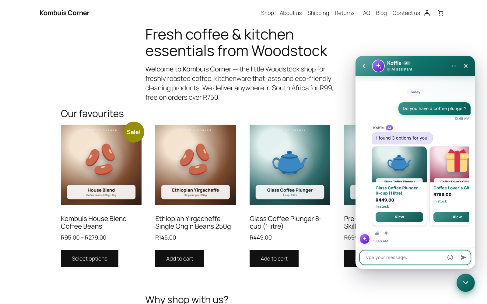 Product questions answered with live prices and stock.