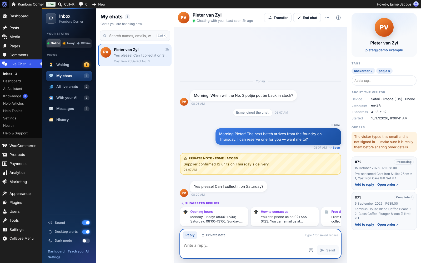 The team Inbox: the conversation, reply suggestions and the visitor's details and orders.