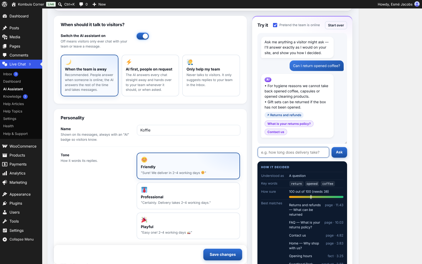 AI Assistant: when it talks, its personality, and a test chat that shows how it decided.