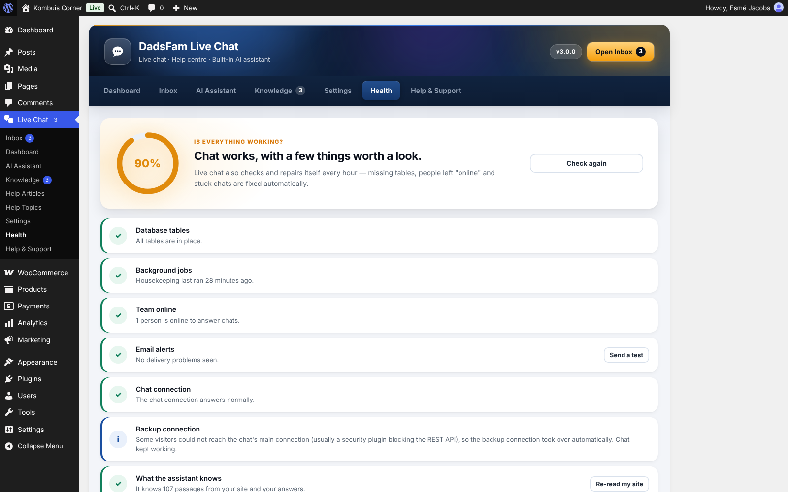 Health: every check in plain English, with one-click fixes.
