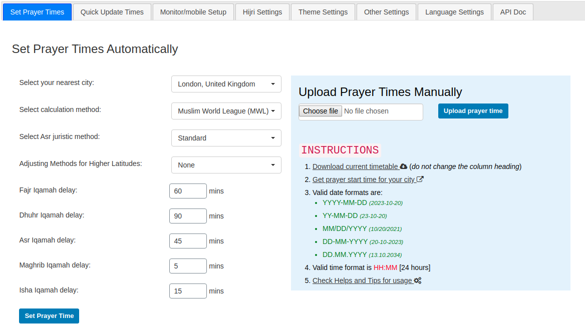 Settings page