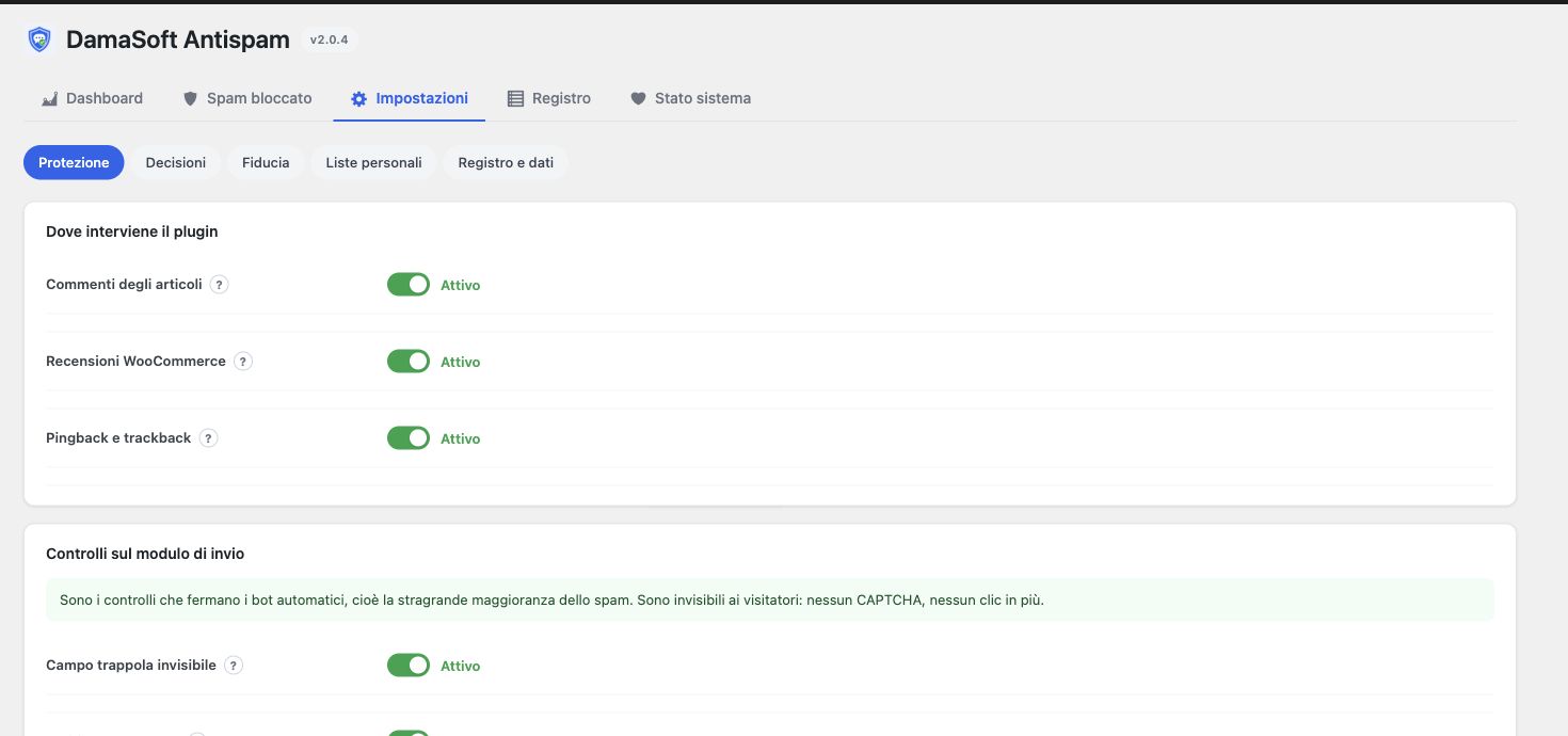 Protection settings for WordPress comments, WooCommerce reviews and form checks.