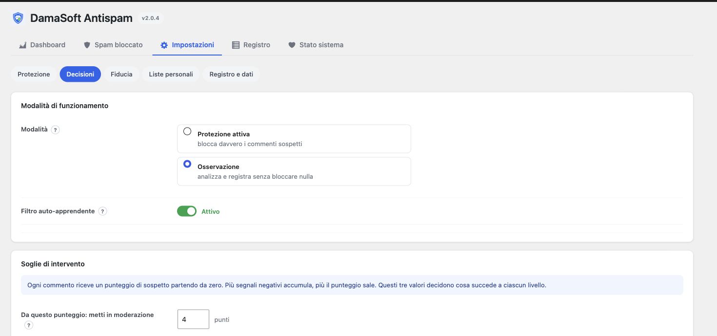 Decision settings: observation or active protection, learning filter and intervention thresholds.