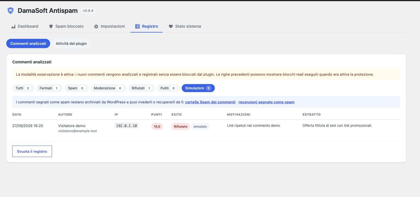 The decision log separates simulated verdicts from actual blocks; all names and addresses shown are fictitious.