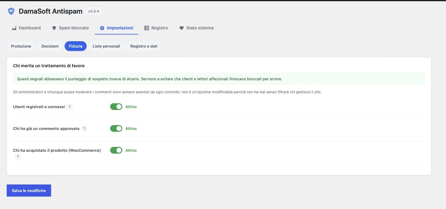 Trust settings for logged-in users, previously approved authors and verified WooCommerce buyers.