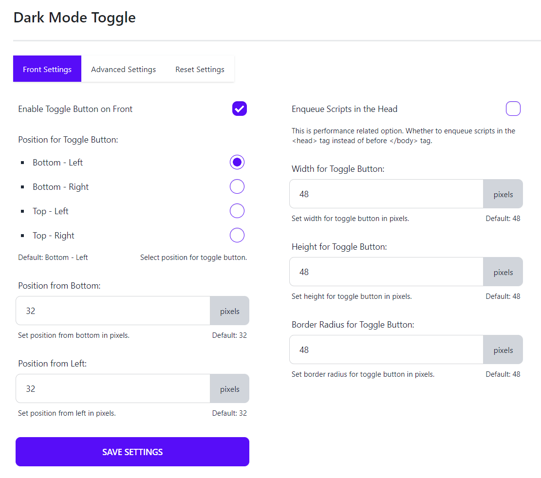 Front Settings - Dark Mode Toggle