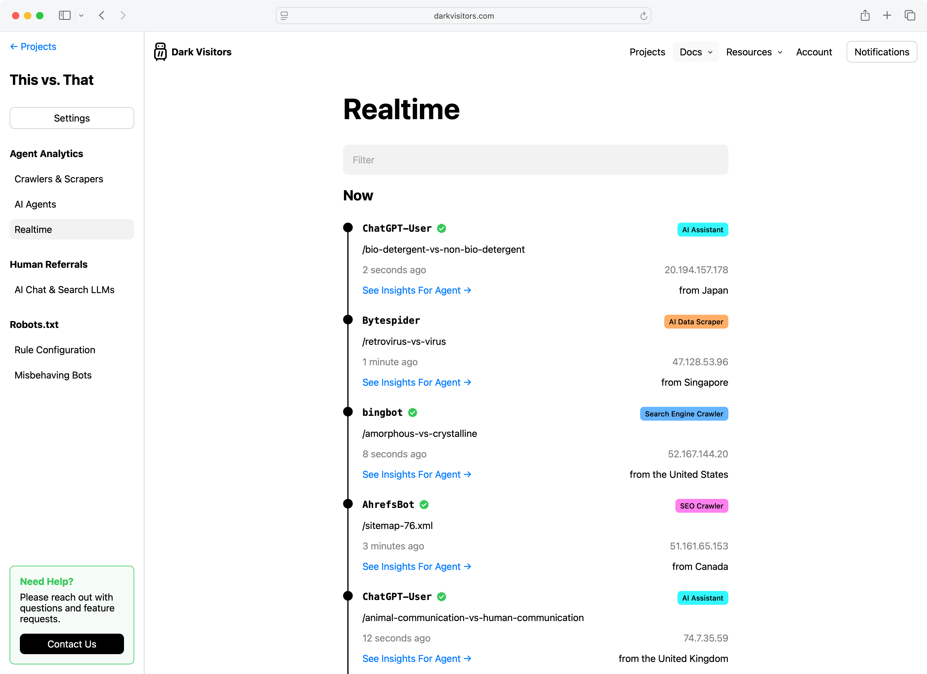 The realtime timeline of all agent visits to the website