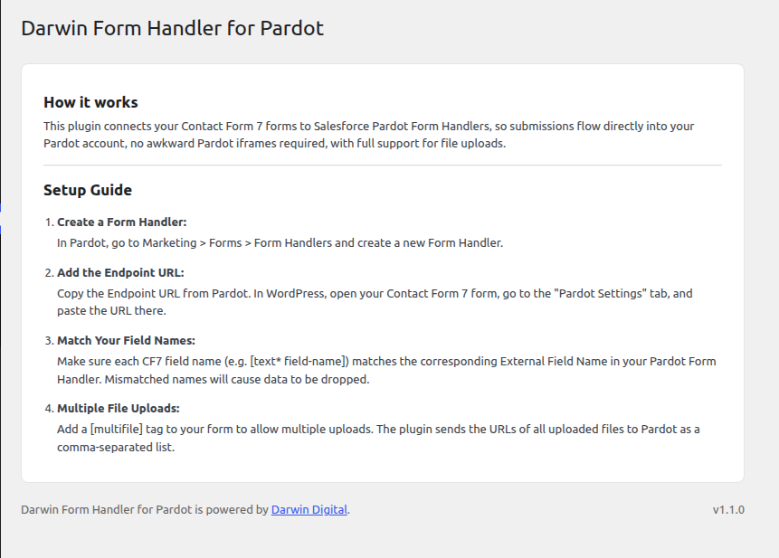Pardot Settings panel in a Contact Form 7 form.
