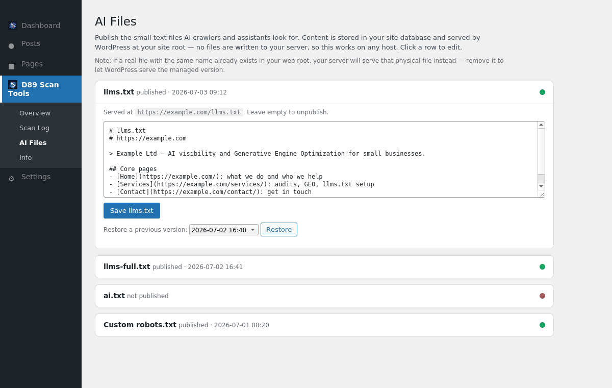 The AI Files manager for llms.txt, ai.txt and robots.txt.