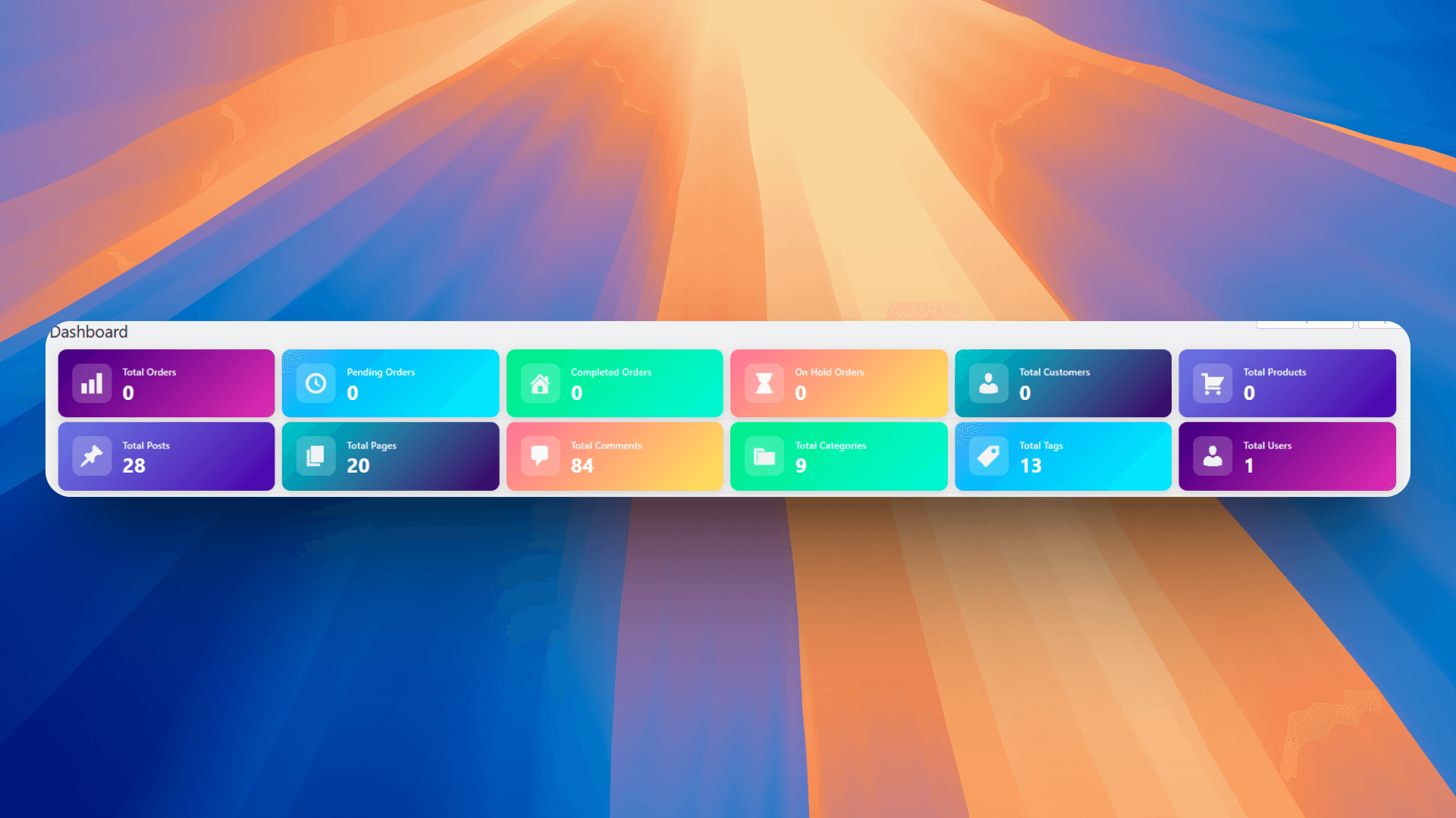 Beautiful colorful gradient cards on admin dashboard with WooCommerce statistics