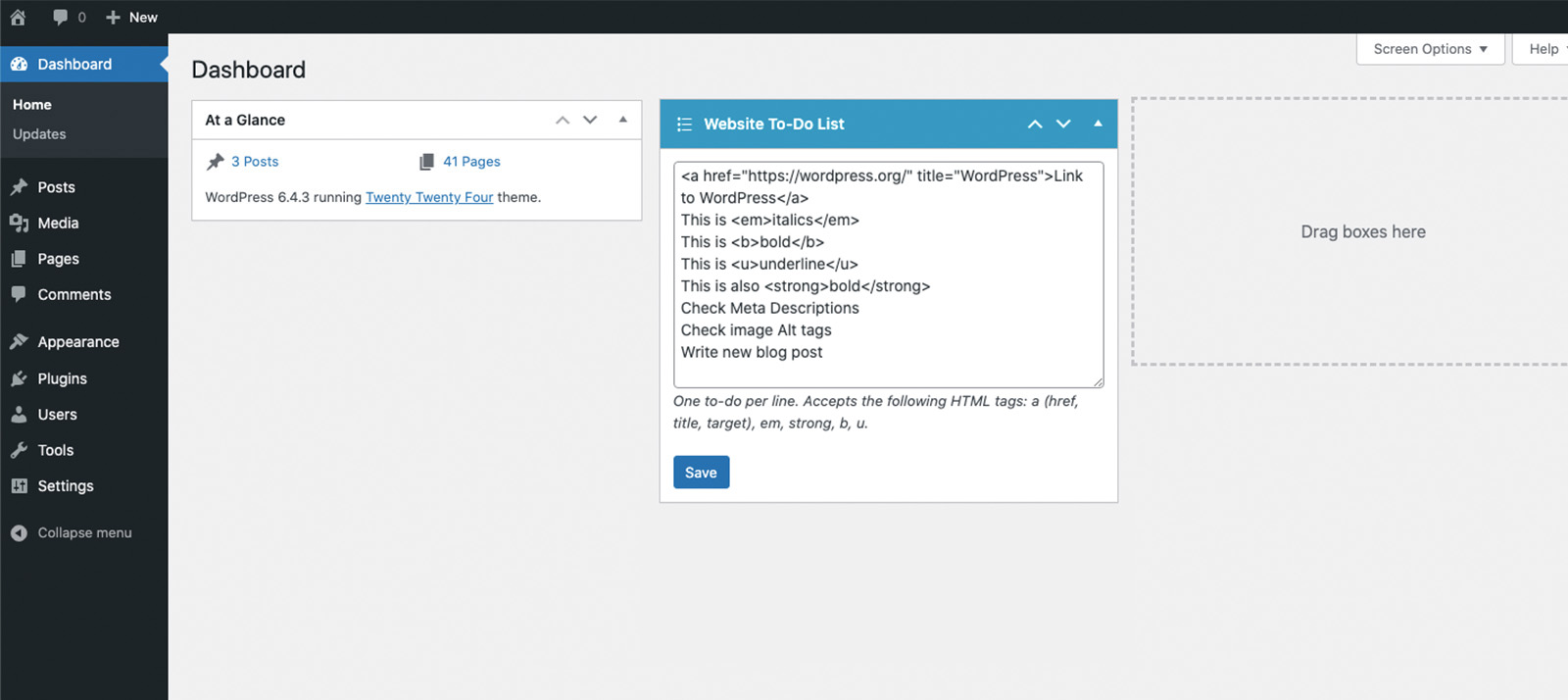 Editor's view of the Dashboard Website To-Do List Widget