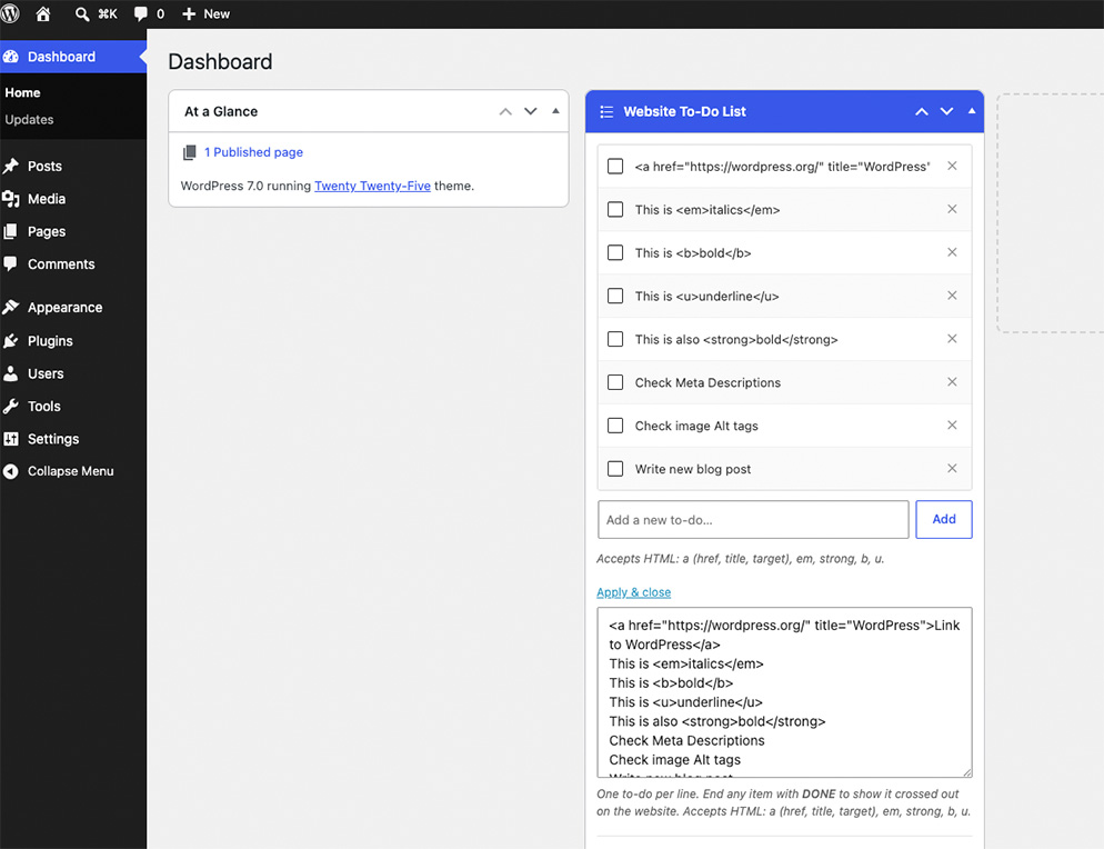 View of the Bulk Editor section on the Dashboard Website To-Do List Widget