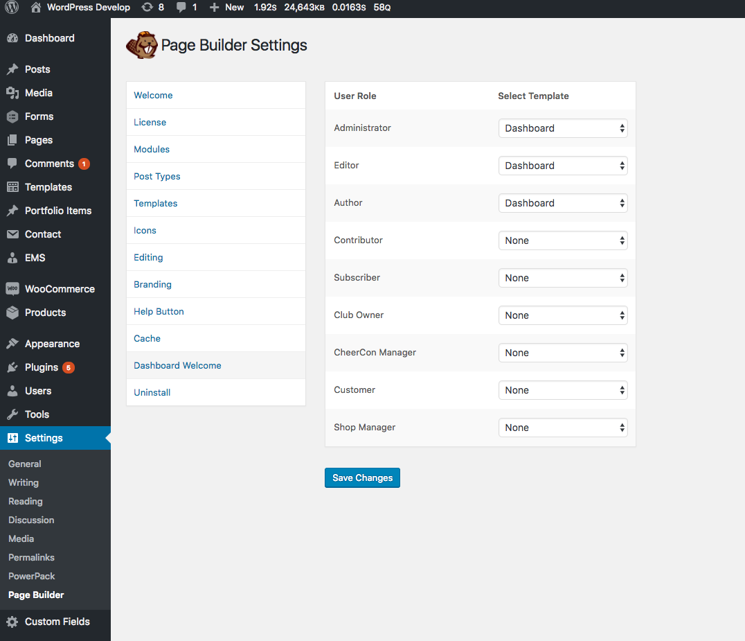 Plugin settings - Dashboard Welcome settings