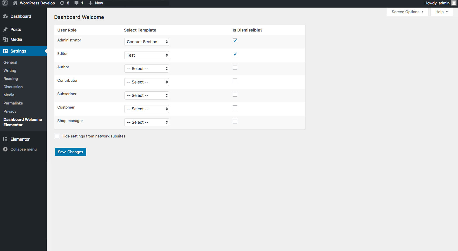 Configurações do plugin - configurações do Dashboard Welcome