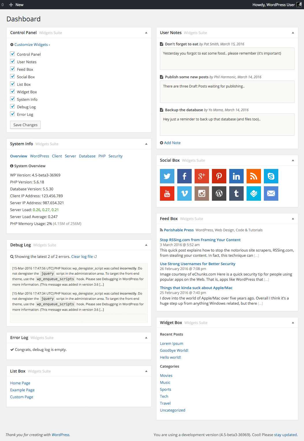 DWS Dashboard: All widgets enabled