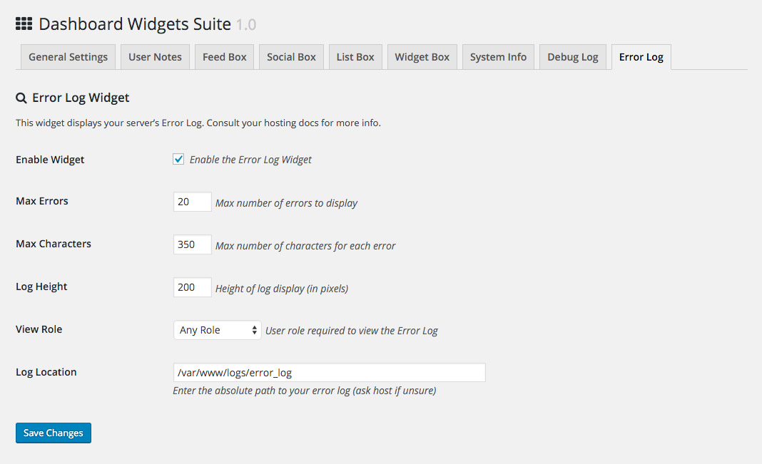DWS Settings: Error Log