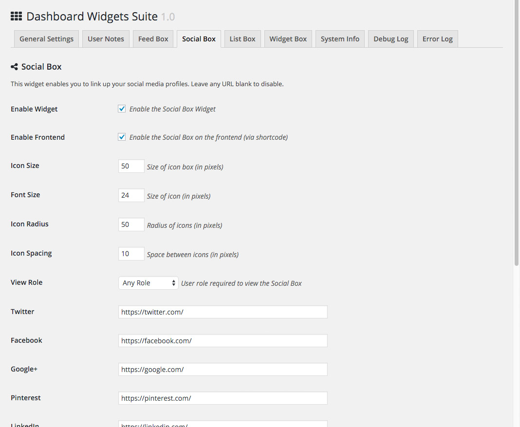 DWS Settings:  Social Box