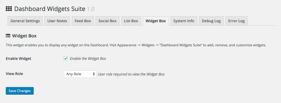 DWS Settings:  Widget Box