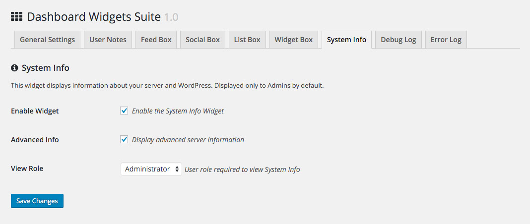 DWS Settings:  System Info