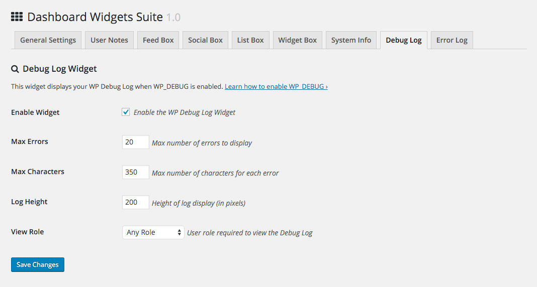 DWS Settings: Debug Log