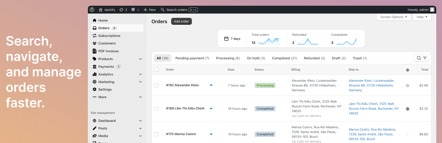 WordPress 外掛 Dashify: WooCommerce admin dashboard theme 的封面圖片。