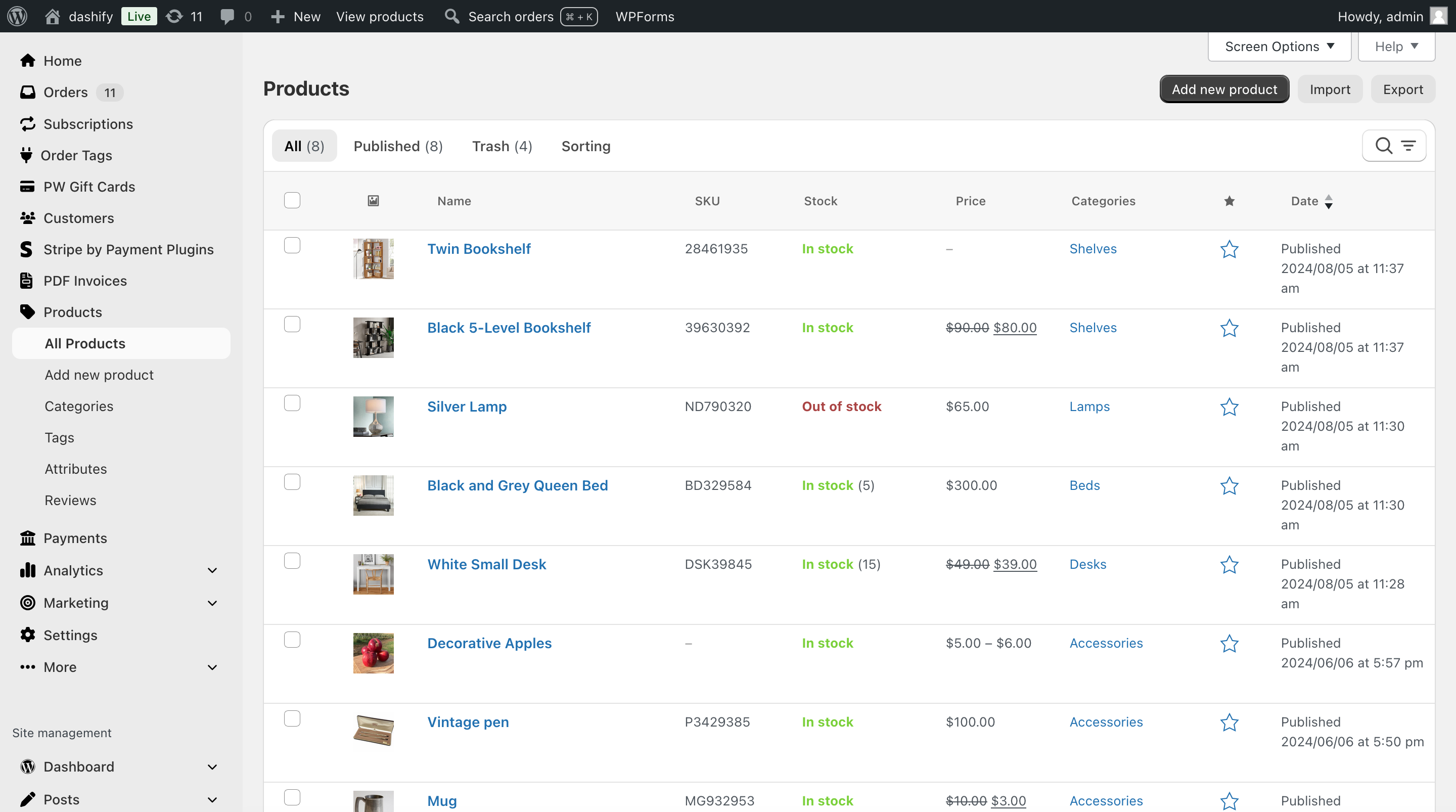 Dashify Pro: The product list with the Dashify theme.
