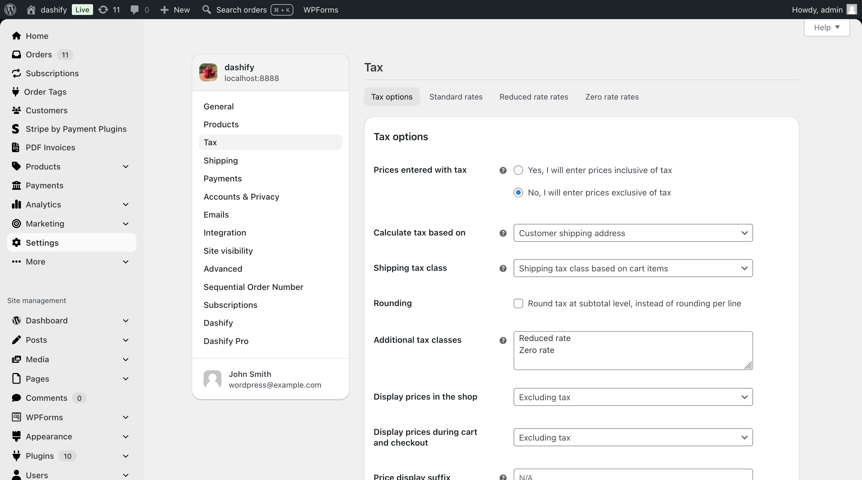 Dashify Pro: WooCommerce settings with the Dashify theme.