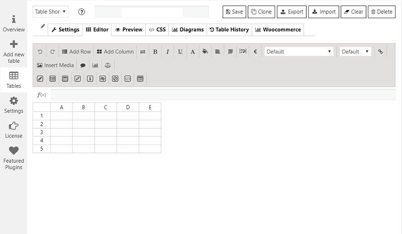 Data Tables Plugin admin panel. Editor