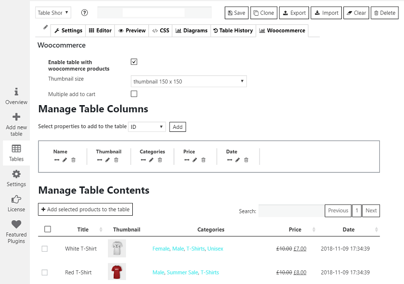 Data Tables Plugin admin panel. WooCommerce (pro)