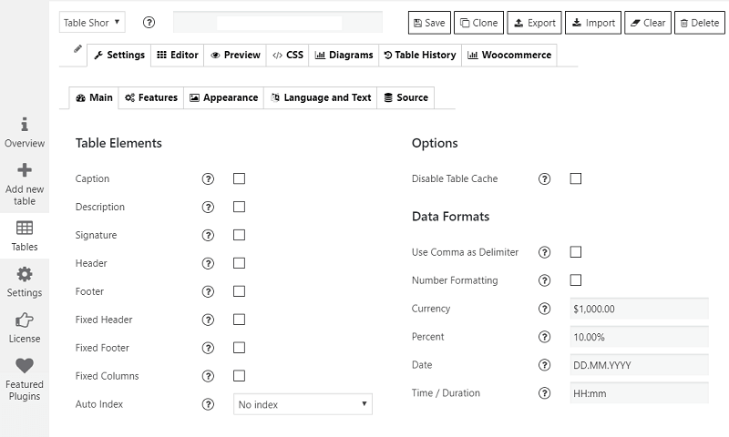 Data Tables Plugin admin panel. Main Settings