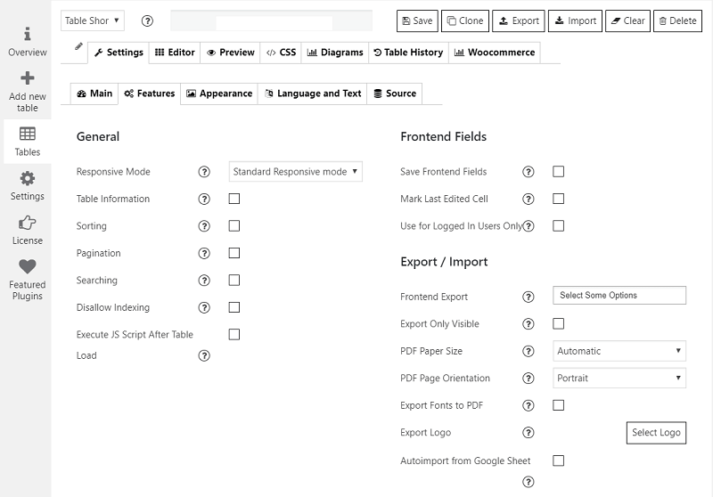 Data Tables Plugin admin panel. Features