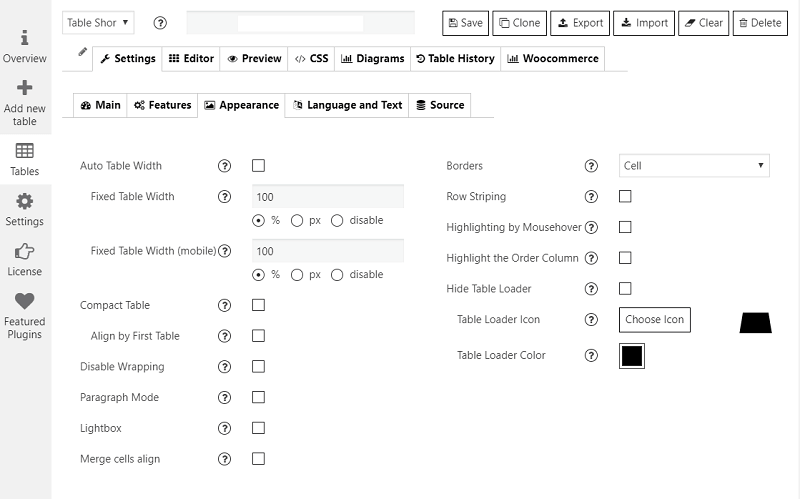 Data Tables Plugin admin panel. Appearance