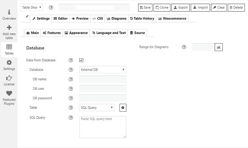 Data Tables Plugin admin panel. Database Source (pro)