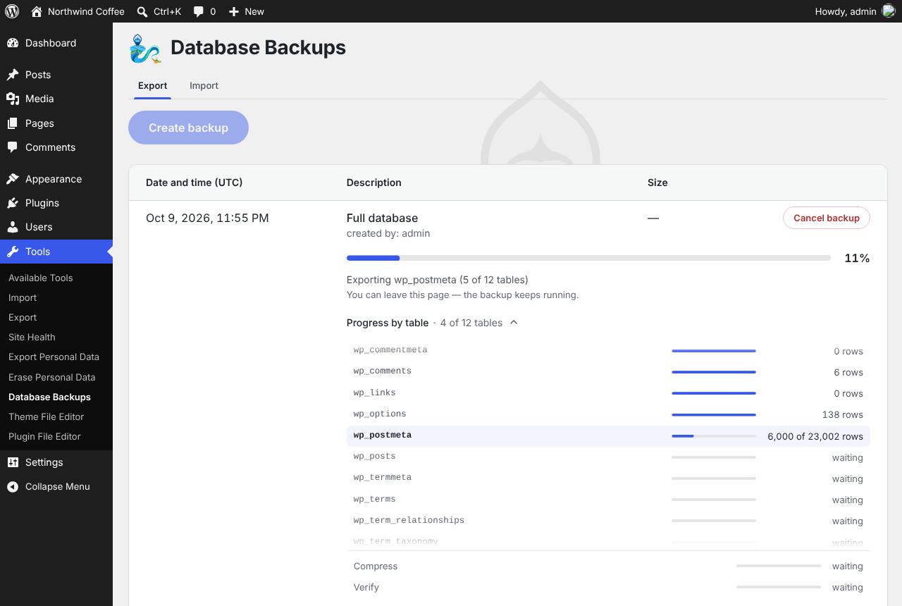 A backup in progress, with a progress bar for every table.